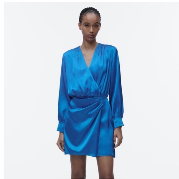 Zara Blue Satin Long Sleeve Dress - Picture 5 of 11
